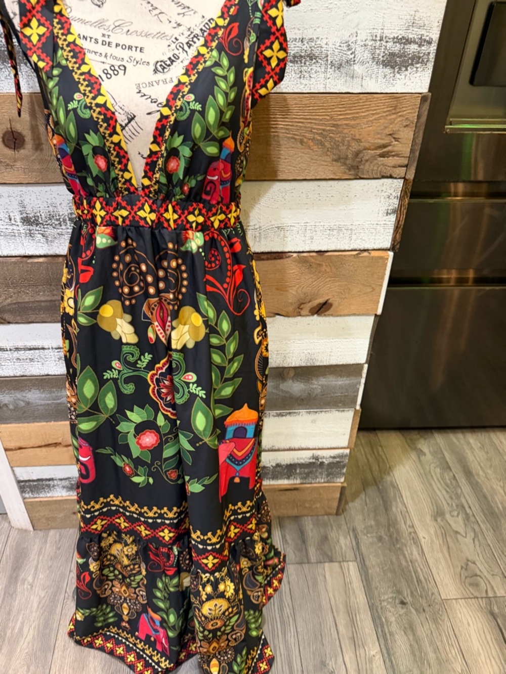 SHEIN Black Maxi Dress with Red, Green & Yellow Floral Print